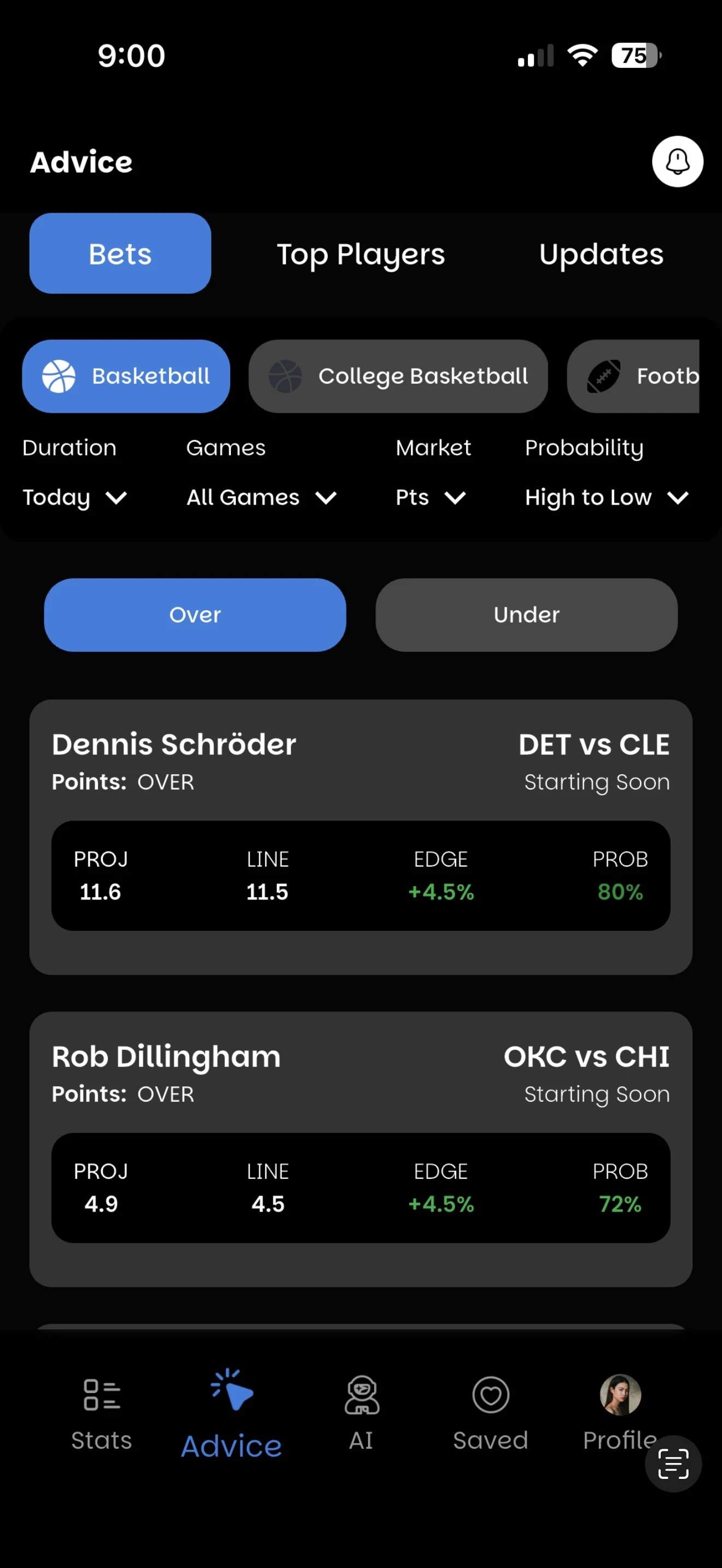 WagerVibes Advice screen