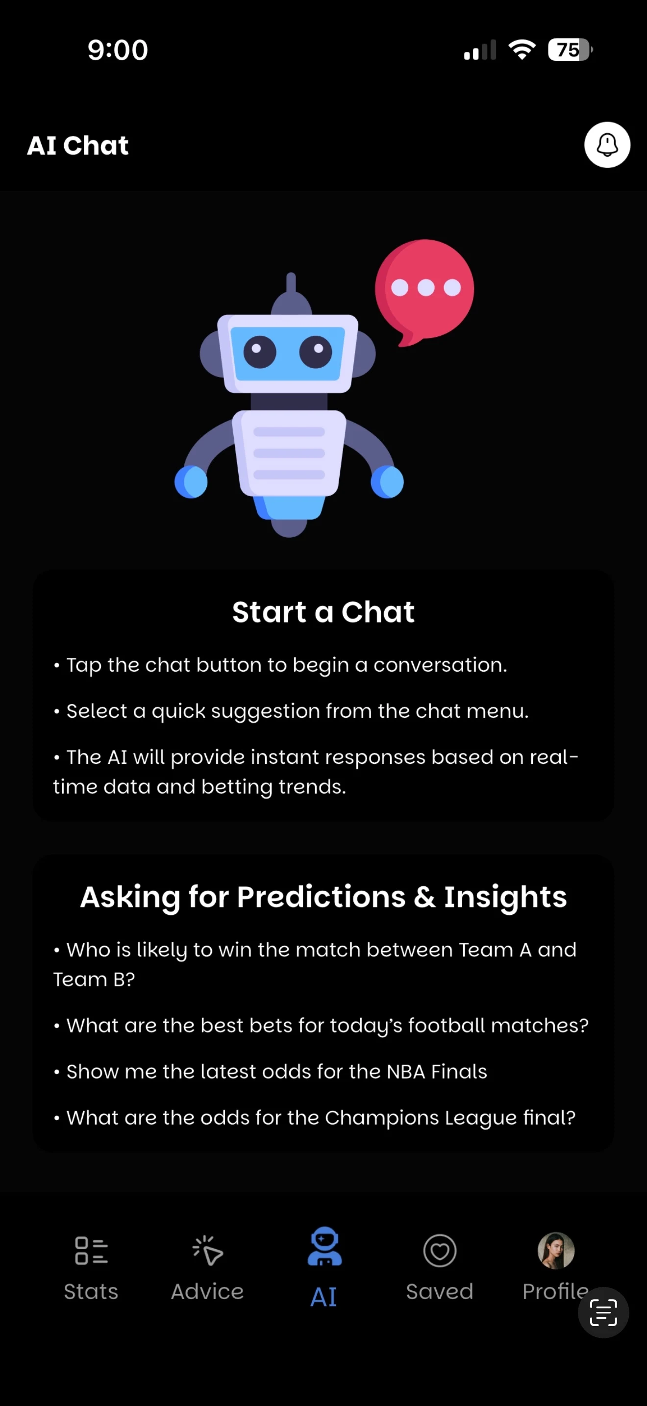 WagerVibes AI Chat screen
