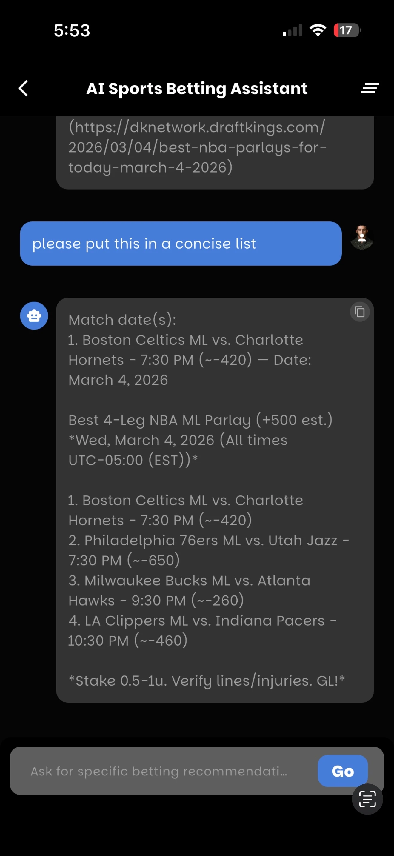 WagerVibes AI Chat — live conversation with parlay recommendations