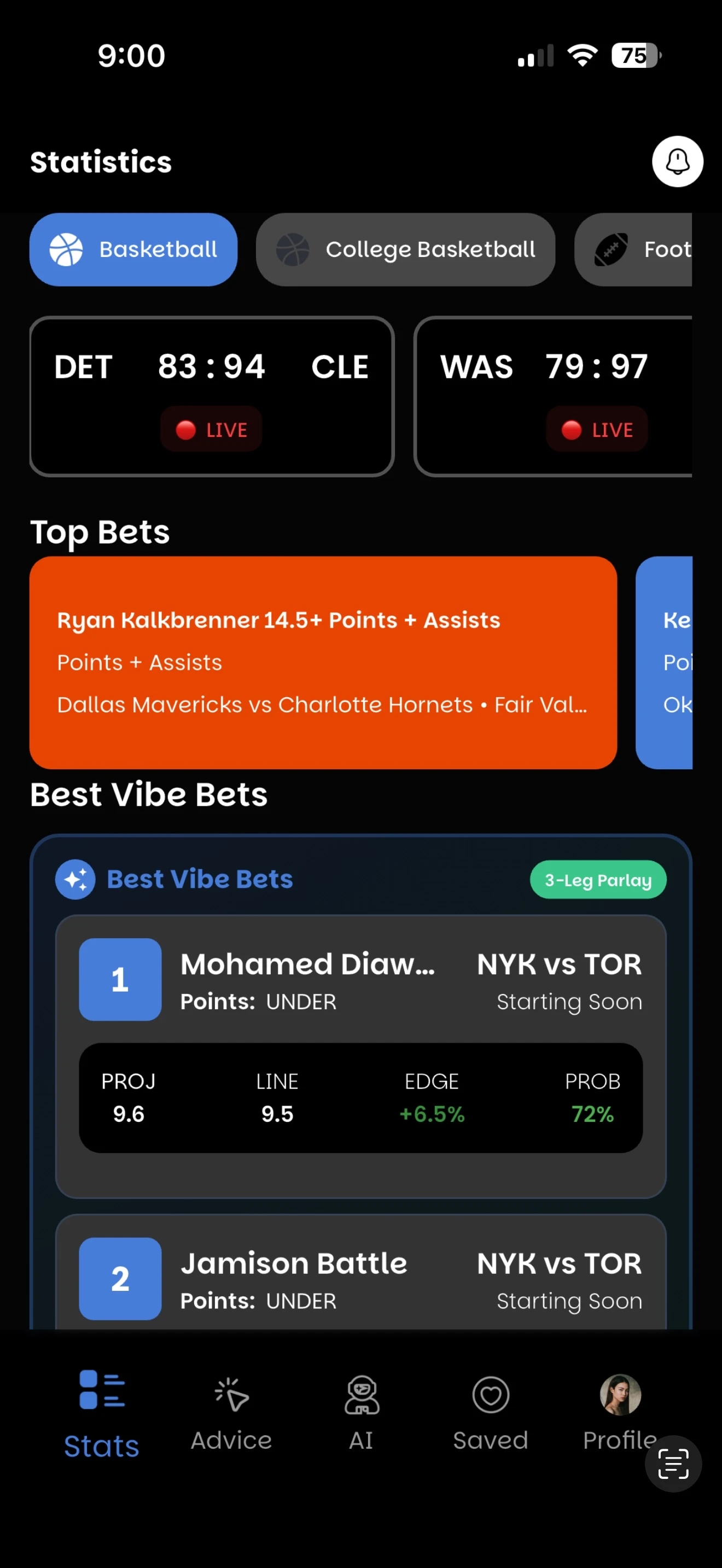 WagerVibes Stats screen