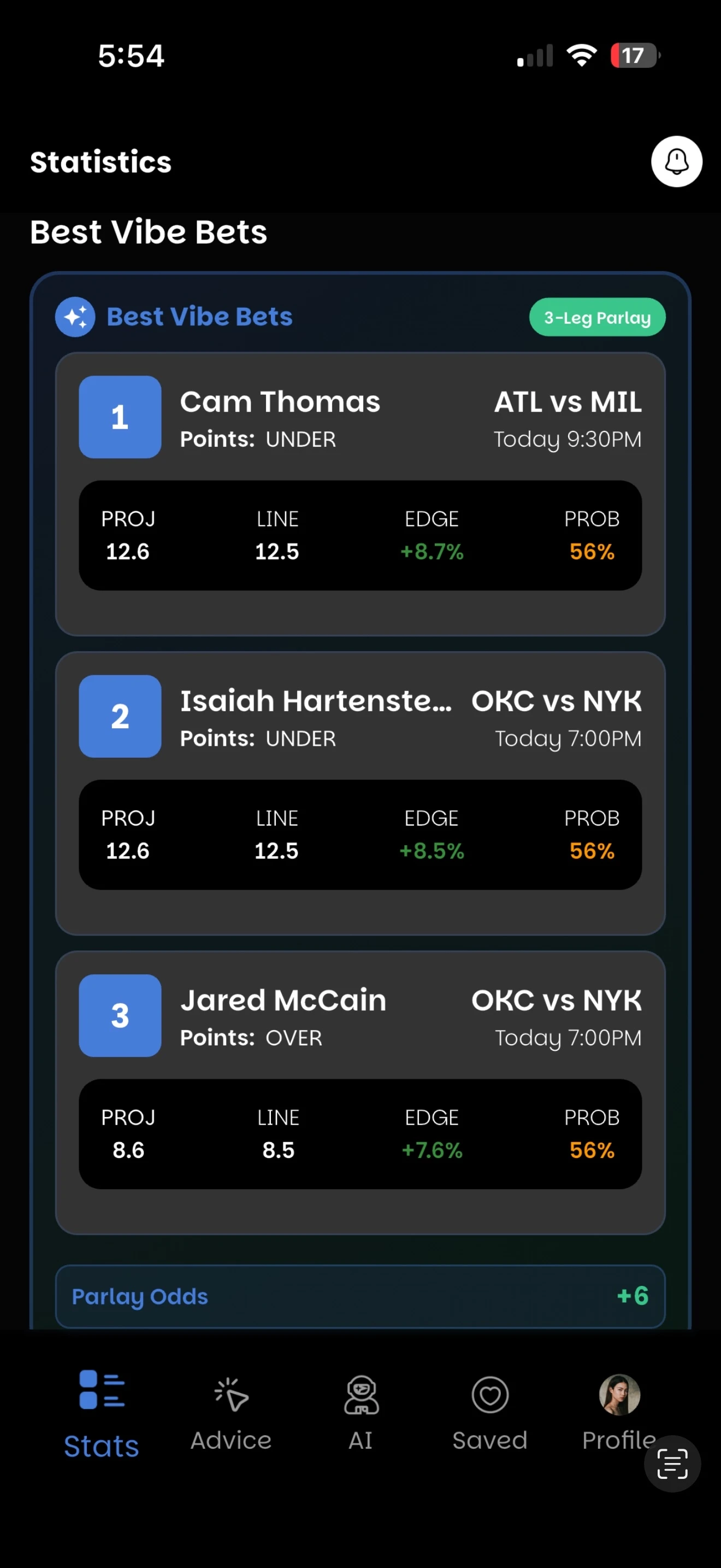WagerVibes Best Vibe Bets — AI-powered 3-leg parlay with projections
